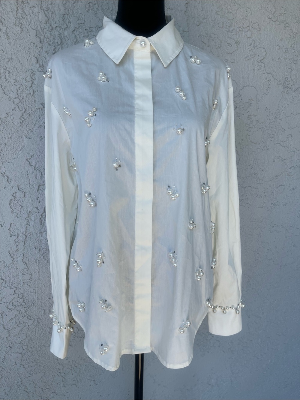 Midnight Velvet White Pearl-Embellished Button-Up Blouse
